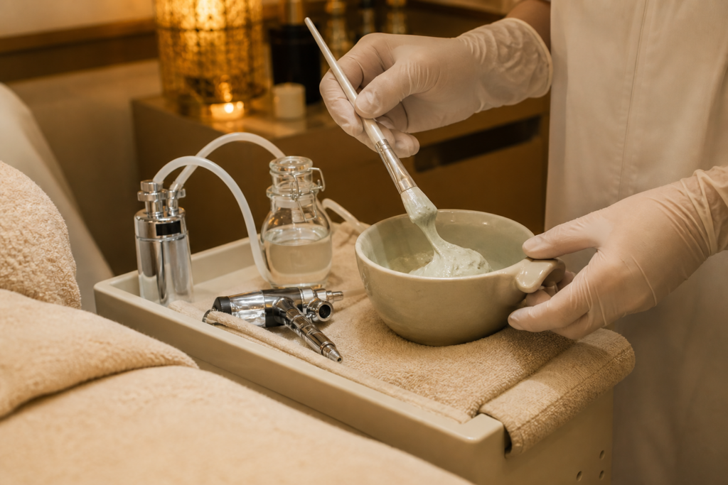 Professional facial mask prepared on a medical spa trolley
