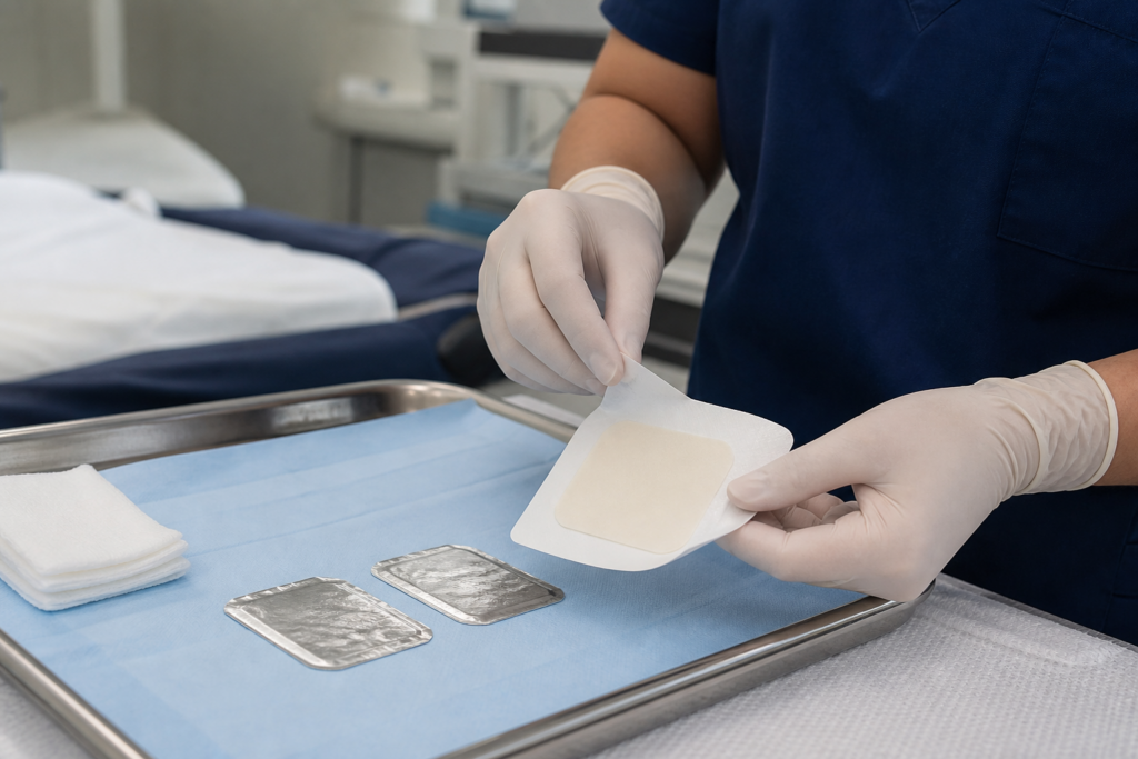 Sterile silicone foam and silver dressings prepared for post-procedure care