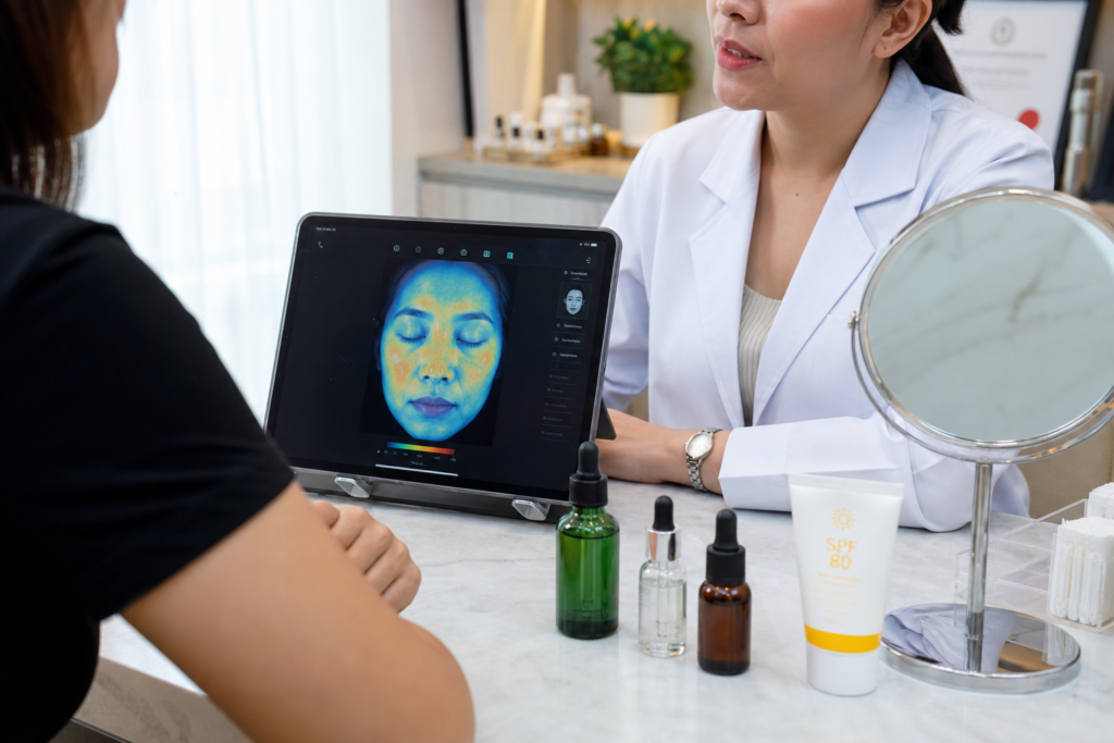 Clinical acne and brightening serums with daily SPF on a dermatology desk
