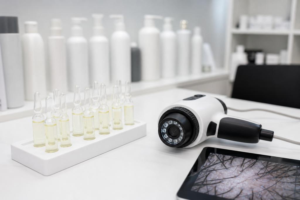 Hair restoration ampoules and scalp analysis tools in clinic