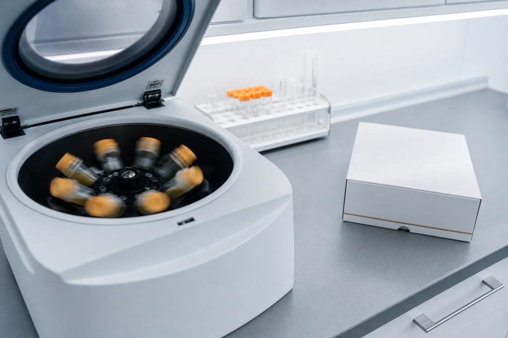 PRP tubes in a medical centrifuge in an aesthetic laboratory